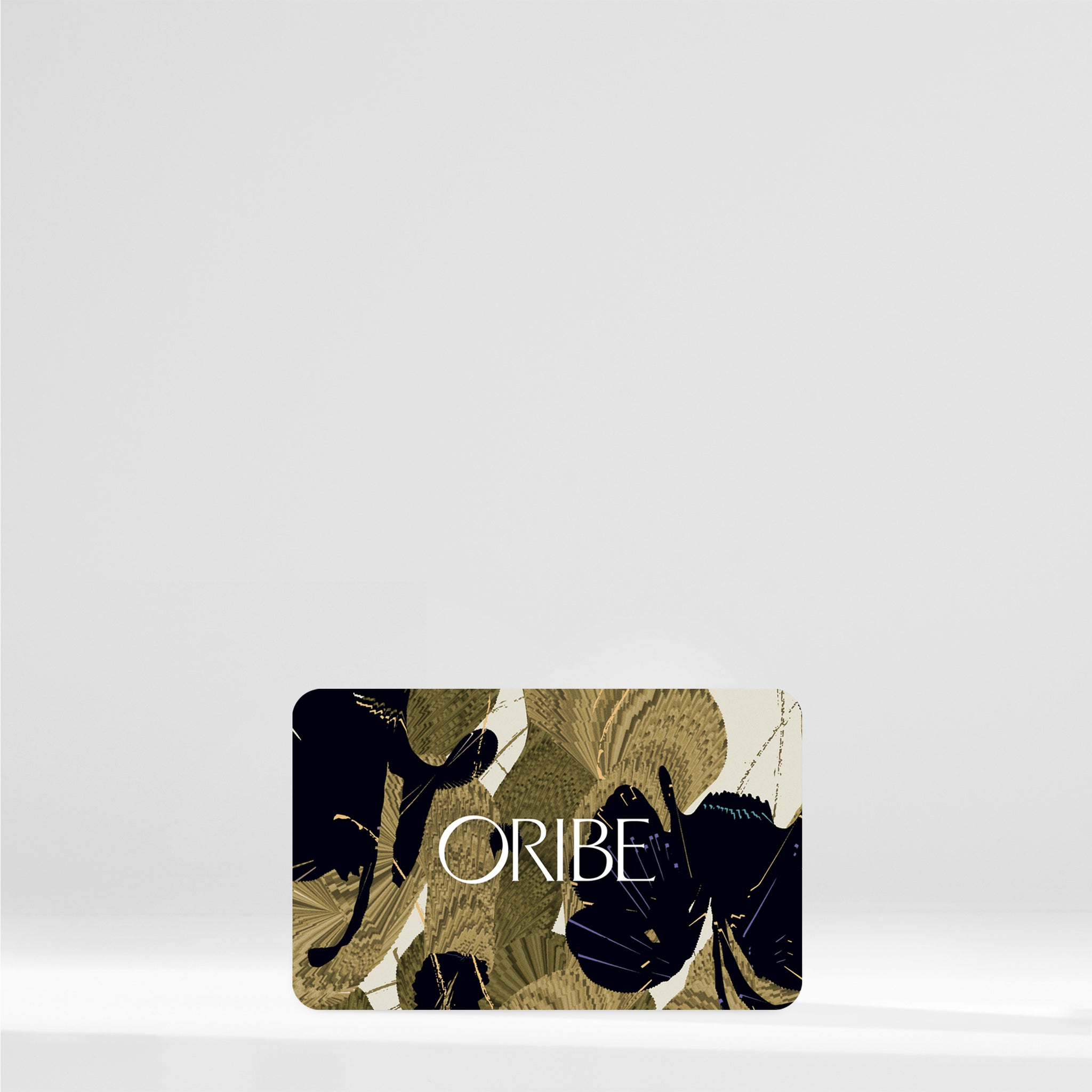Oribe gift card with abstract design on a light gray background